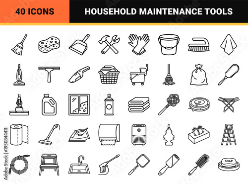 Household cleaning supplies and janitorial maintenance tools rendered in a sleek black and white monoline aesthetic.