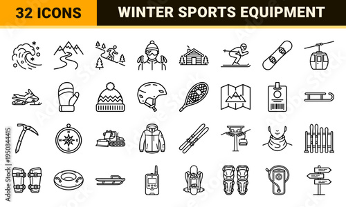 Alpine winter sports and skiing visual assets featuring technical monoline illustrations with uniform stroke weights and geometric precision.