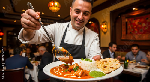 A happy male chef in a restaurant dining room holding a plate of butter chicken curry served with white rice green chutney and garlic naan