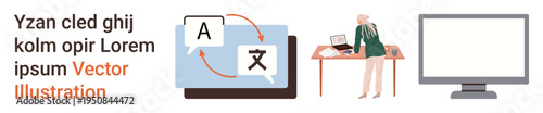 Language services, remote work, translation tools, productivity, online collaboration, connection. Person working at desk with computer monitor and language icons. Language services and remote work