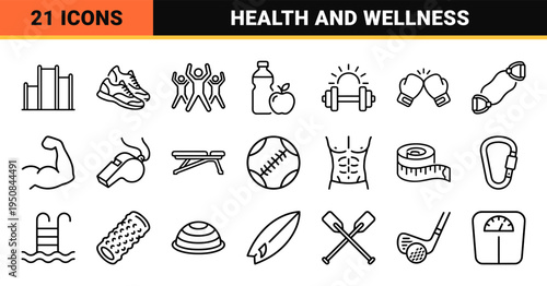 Health and fitness lifestyle symbols for active wellness applications in rounded monoline vector style