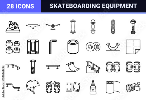 Skateboarding hardware components and skatepark infrastructure technical monoline symbols for extreme sports utility.