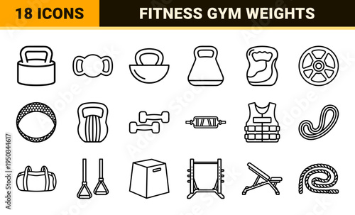 Minimalist technical monoline kettlebell and strength training equipment outlines for fitness tracker and gym applications