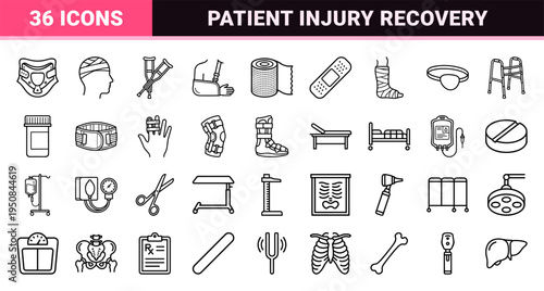 Neo-line art patient injury and medical trauma symbols for healthcare diagnostics featuring clean technical monoline graphic illustrations.