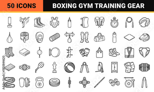 Combat sports and martial arts training equipment outline graphics featuring sleek neo-line art style for digital fitness interfaces.