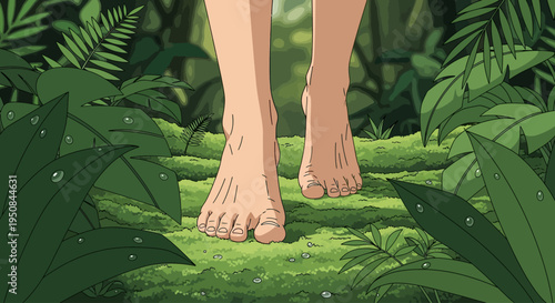 Barefoot walking through a lush forest.