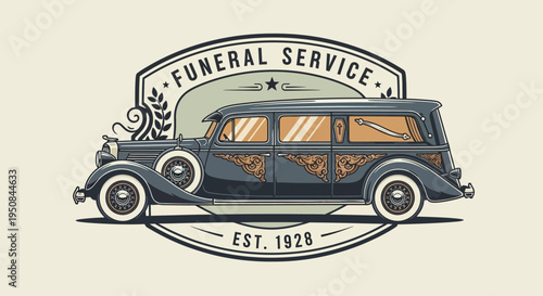 Vintage funeral service vehicle logo illustration.