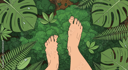 Feet standing on green tropical jungle foliage.