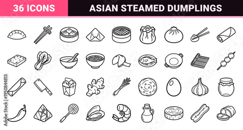 Asian dim sum cuisine and steamed dumplings minimal monoline lines for culinary menus and food apps.
