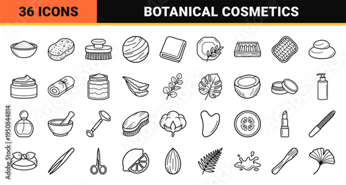 Minimalist botanical cosmetics and organic spa care elements in a sleek black-and-white uniform monoline vector aesthetic.