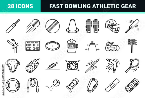 Dynamic cricket sports equipment and fast motion athletic gear in sleek black and white monoline aesthetic for tournament designs.