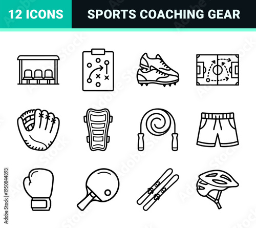 Sports coaching equipment and athletic competition strategy tools isolated in strict black-and-white flat monoline line art style.