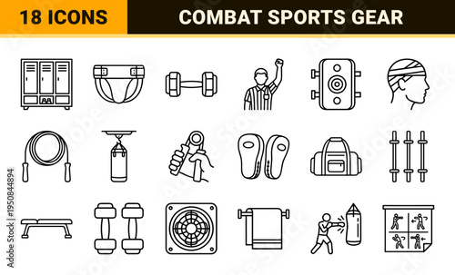 Combat Sports Training Monoline Symbols Featuring Boxing Equipment and Martial Arts Gear in Sophisticated Minimalist Vector Outline Style