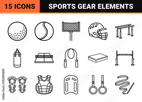 Geometric outline sports equipment and athletic gear elements in a bold minimalist monoline art style.