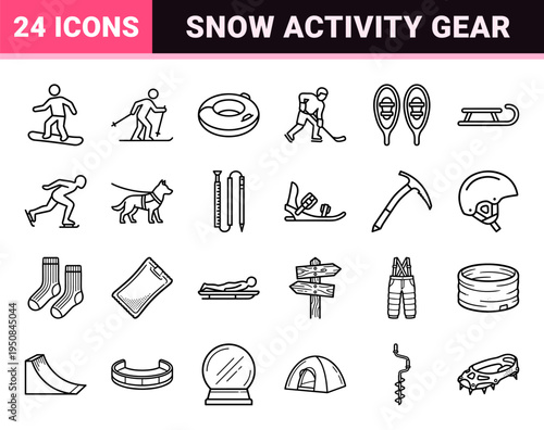 Winter sports and snow activities equipment outline graphics in sleek technical monoline aesthetic