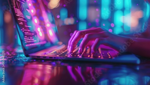 Hands typing code on a laptop keyboard, bathed in vibrant pink and blue neon light