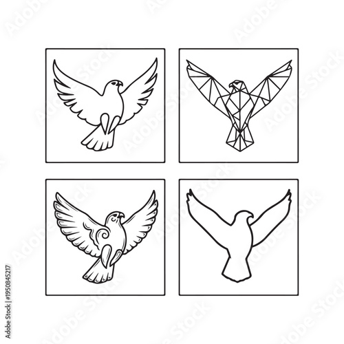Four black and white drawings of doves in different styles