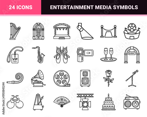 Entertainment and Event Management Outline Symbols Featuring Minimalist Monoline Aesthetics for Festival Planning and Creative Media Production