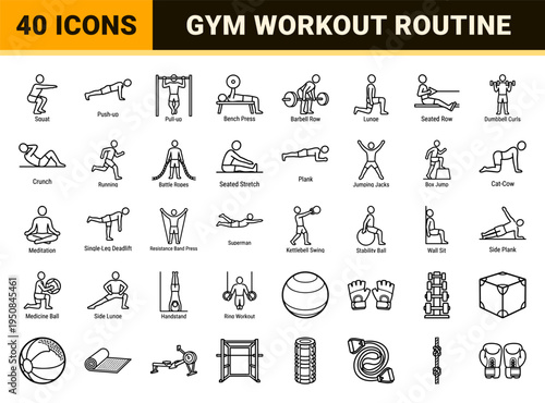Gym exercise poses and fitness training equipment in a minimalist bold monoline vector outline aesthetic.