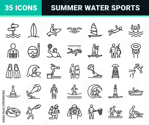 Monoline water sports and aquatic activities symbols focusing on professional utility and high-end sleek neo-line aesthetic.