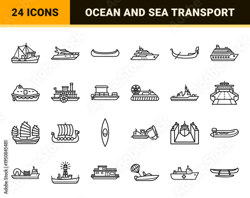 Monoline nautical and maritime vessel outline symbols featuring sailboats, yachts, and fishing ships with sleek modern minimalism.