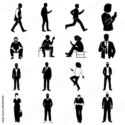Silhouette icons of people in various business and leisure activities.
