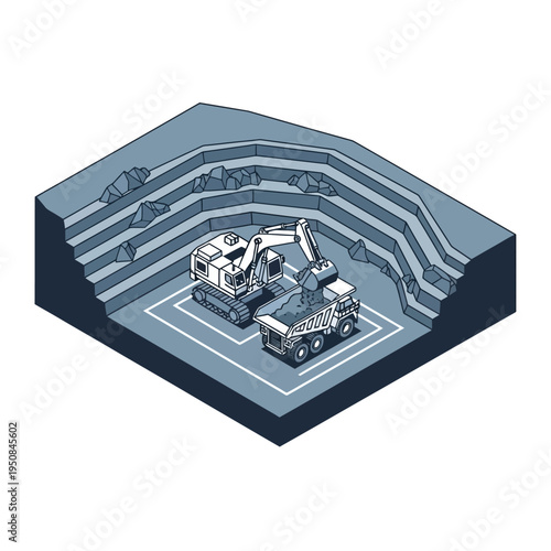 Isometric view of an excavator loading a dump truck in a quarry, illustrating heavy machinery in industrial mining operations.