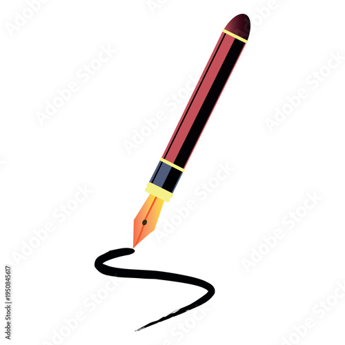 Elegant maroon fountain pen illustration with golden nib drawing a curvy black ink stroke on minimalist white background