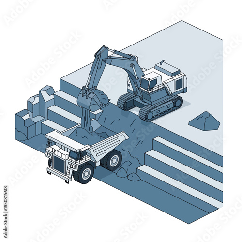 An excavator loads a large mining dump truck with material at a quarry, illustrating heavy machinery in action.