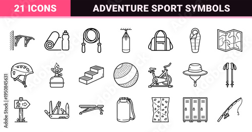 Outdoor Adventure and Fitness Minimalist Monoline Symbols for Digital Interface Design and Technical Wayfinding Manuals.