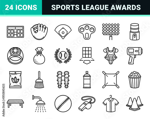 Baseball equipment and tournament awards in a minimalist monoline style emphasizing sleek utility and uniform stroke geometric precision.