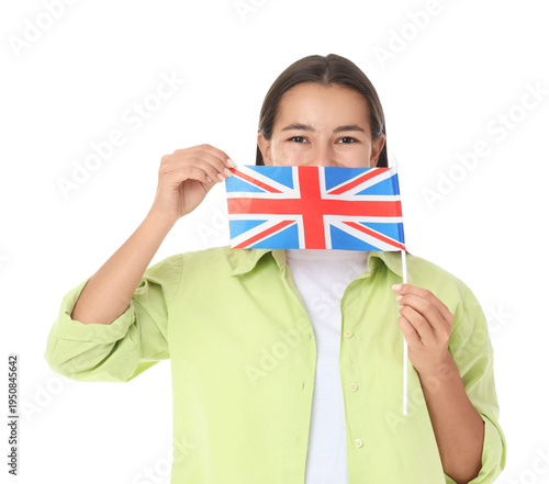 Young woman with UK flag on...