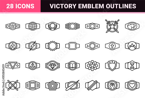 Championship Belt and Victory Emblem Outline Symbols Featuring Uniform Monoline Aesthetic and Minimalist Geometry