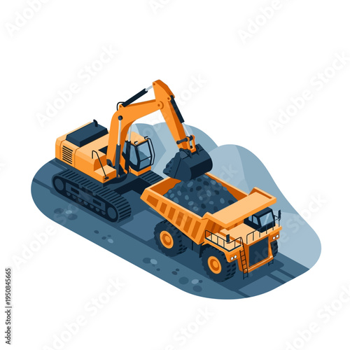 An excavator loads a large dump truck with coal at a mining site, illustrating heavy machinery in industrial operations.