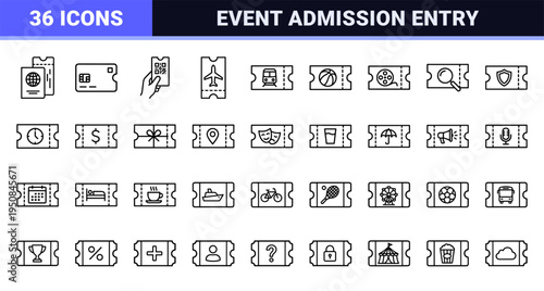 Minimalist Monoline Travel and Event Ticket Symbols Featuring Uniform Stroke Weight and Sophisticated Geometric Outlines for Booking Apps