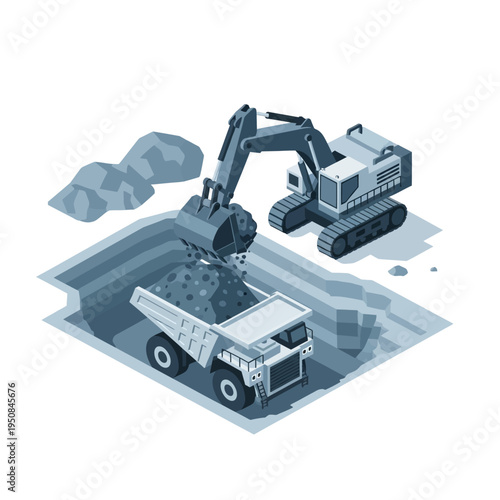 An excavator loads a dump truck with earth and rocks in an open-pit mine.