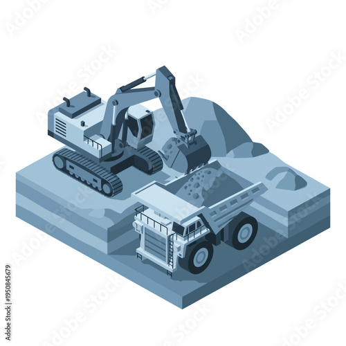 Isometric illustration of an excavator loading dirt into a dump truck at a construction or mining site.