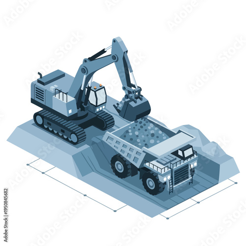 An isometric illustration depicts an excavator loading a large dump truck with rocks and debris at a construction or mining site.