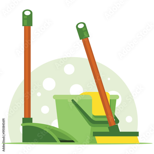 Flat vector cleaning service equipment illustration featuring a broom dustpan mop and bucket for home sanitation chores