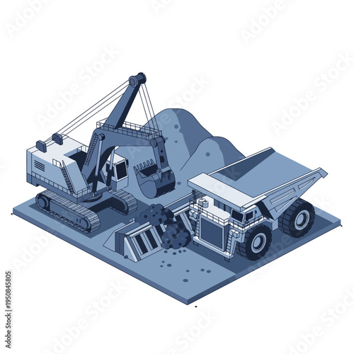Isometric illustration of an excavator loading a large mining dump truck with earth and rocks in a quarry.