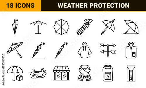 Minimalist outline umbrella and weather protection elements in sleek technical monoline style.