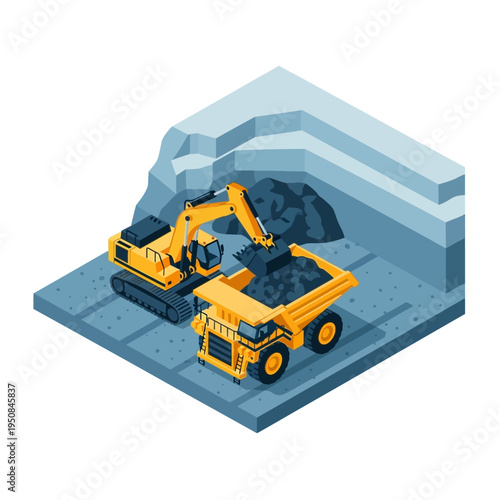 Isometric illustration of an excavator loading coal into a large mining dump truck at an open-pit mine.