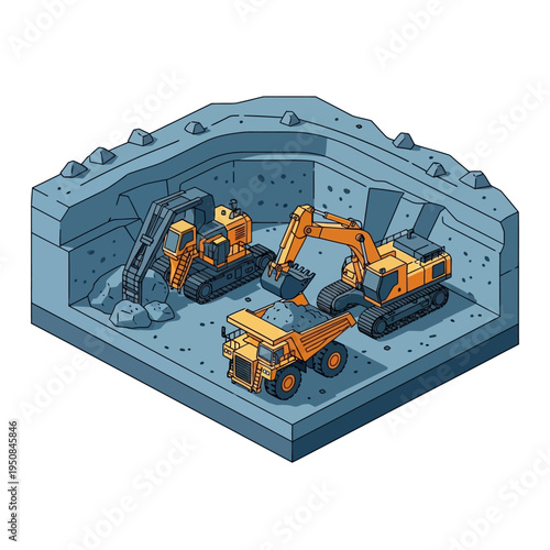 Isometric illustration of heavy construction machinery, including excavators and a dump truck, working in a quarry.
