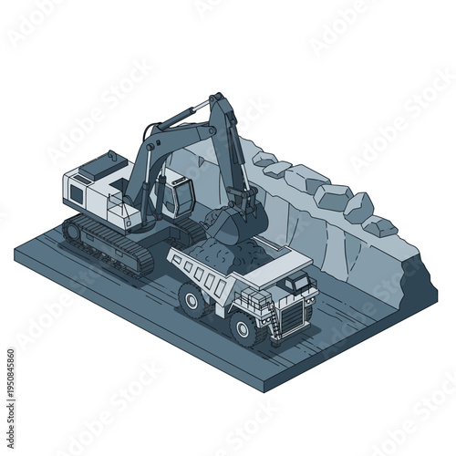 An excavator loads a large dump truck with material at a construction or mining site, illustrating heavy machinery in action.