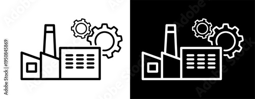 Simple line art icon representing a factory building with smokestack and gears, symbolizing industry and manufacturing. Available in black and white.