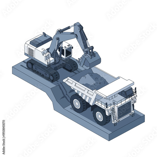 An excavator loads dirt into a large mining dump truck at a construction site.