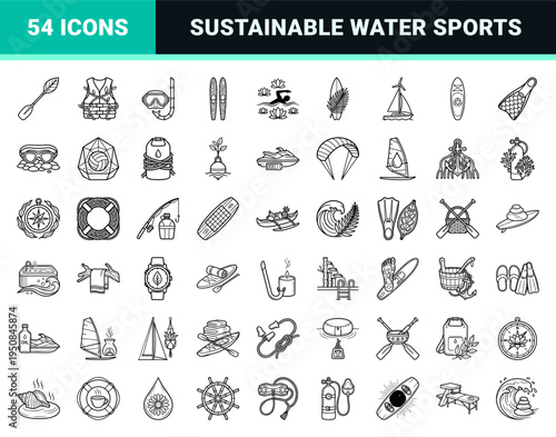 Sustainable Aquatic Recreation and Wellness Water Sports Outline Symbols. Featuring sleek monoline hybrid designs.