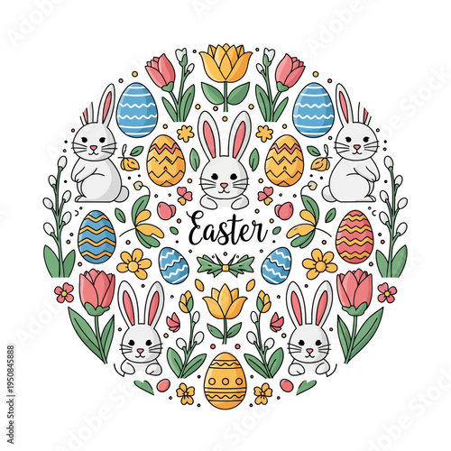 Circular Easter illustration featuring white bunnies, decorated eggs with patterns, tulips, and pussy willow branches. Clean flat line art vector on white background with script text.