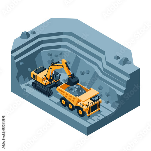 An isometric illustration depicts an excavator loading a large dump truck with rocks in an open-pit mine.