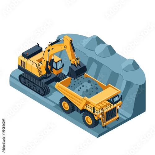 An isometric illustration of a yellow excavator loading rocks into a large yellow dump truck at a construction or mining site.